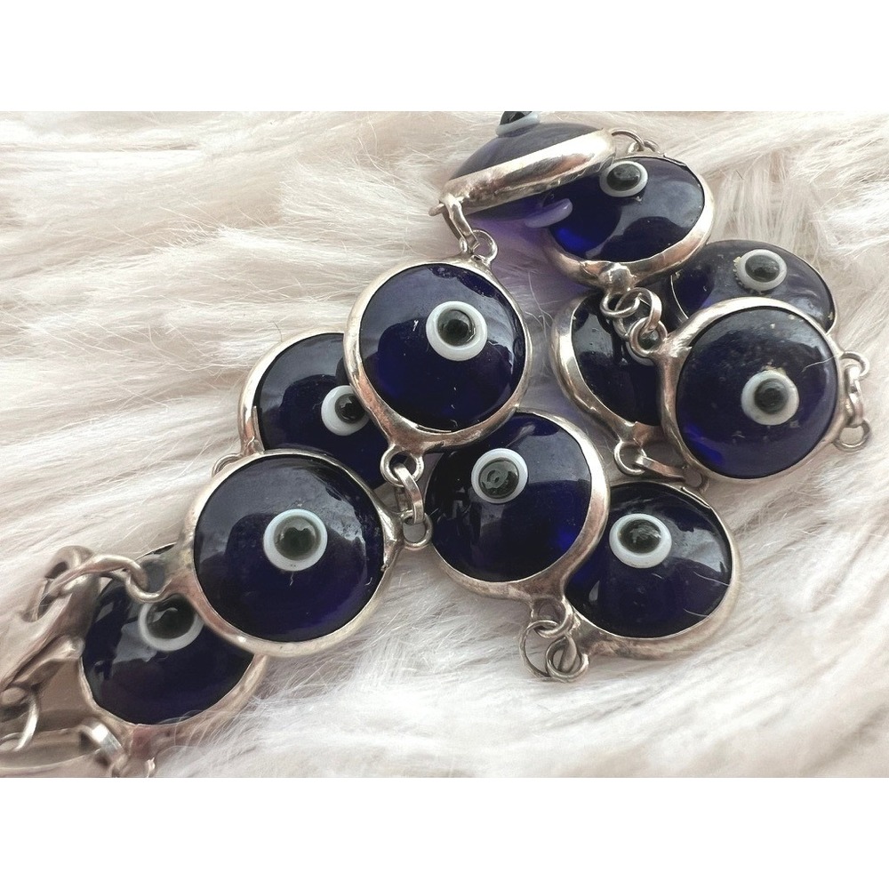 Sterling Silver Evil Eye Bracelet 925 Blue‎ Glass Nazar Link Bracelet 7 Inch